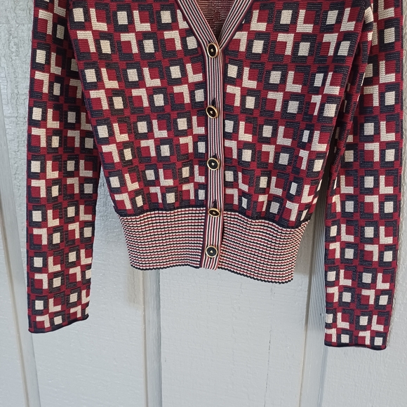 Tory Burch Logo Jacquard Cardigan Size S Women Preppy In Light Royal Burgandy - Picture 3 of 15